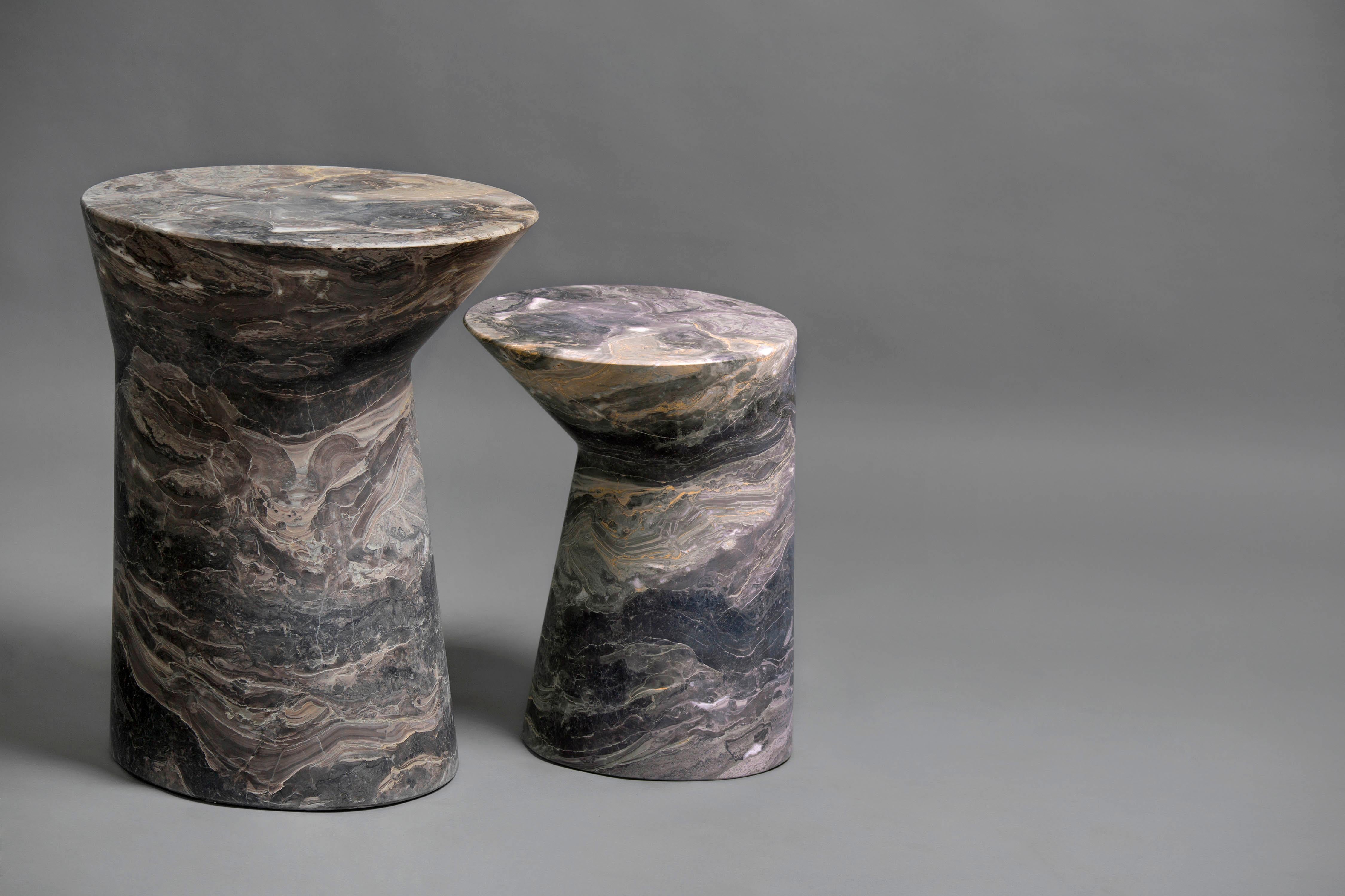 Carved Io Side Table in Grey Orobico Marble by Adolfo Abejon for Formar