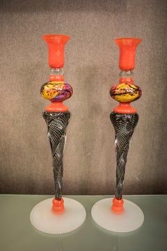 Ioan Nemtoi 21th Century Orangeyellow Blown Glass Couple of Candlesticks, 2007