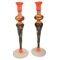 Ioan Nemtoi 21th Century Orangeyellow Blown Glass Couple of Candlesticks, 2007