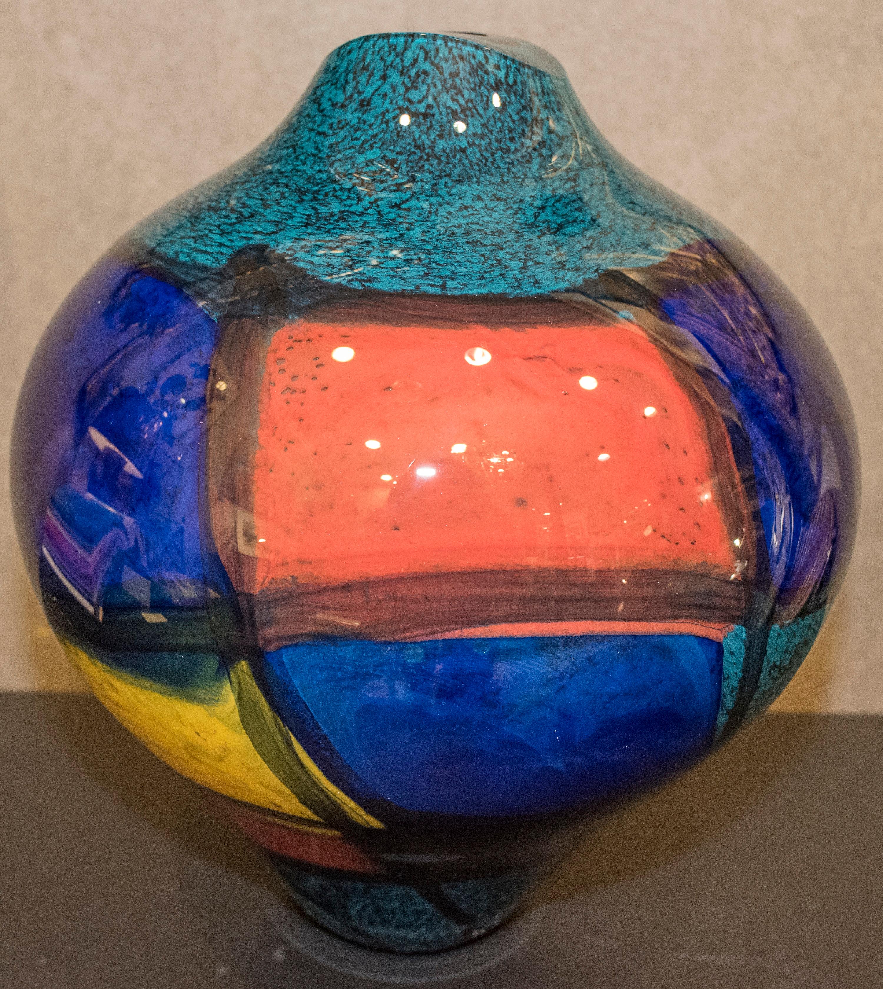 Ioan Nemtoi Hand Blown Yellow, Blue, Green and Red Glass Vase, 2006, Signed 2