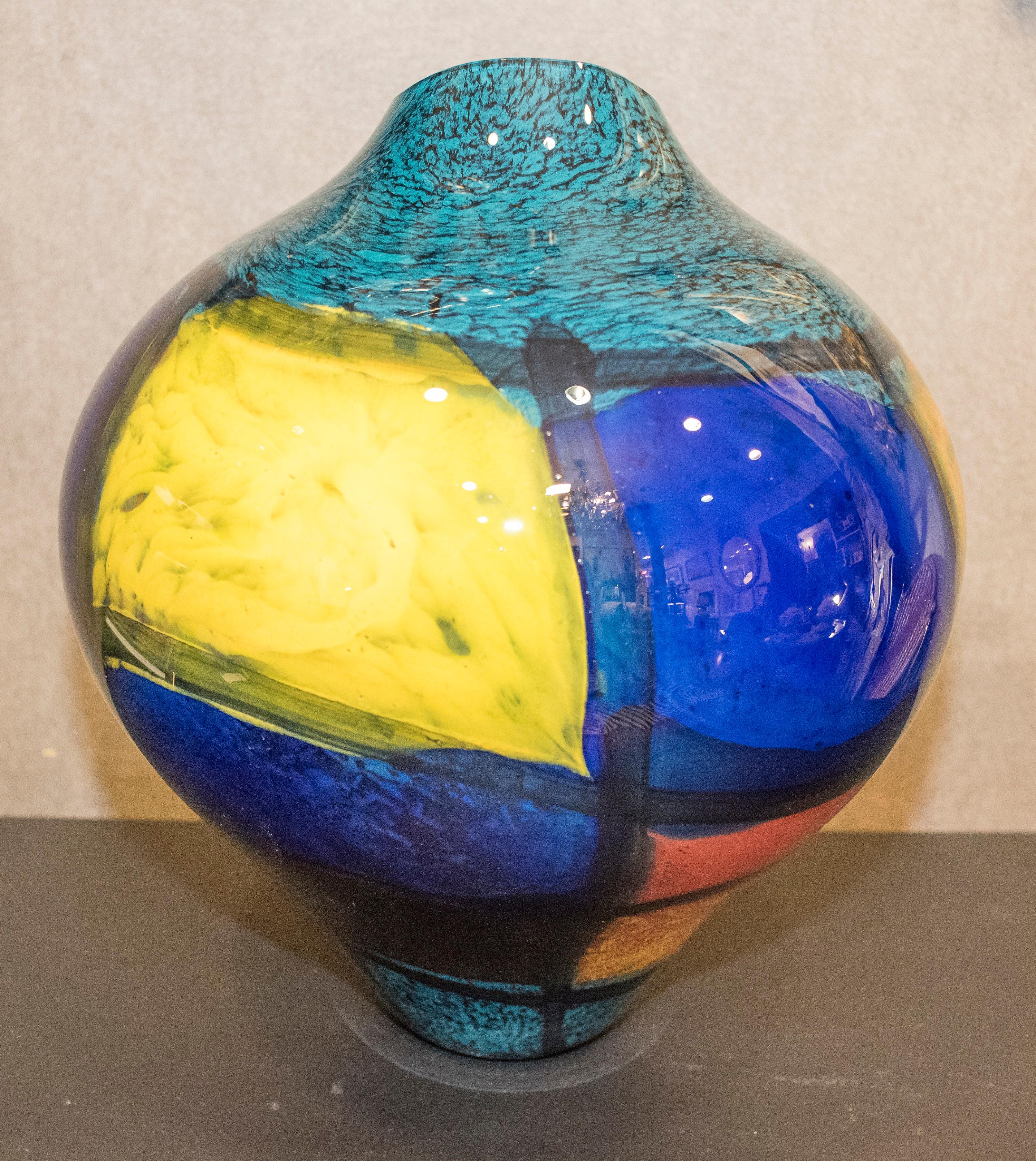 Italian Ioan Nemtoi Hand Blown Yellow, Blue, Green and Red Glass Vase, 2006, Signed