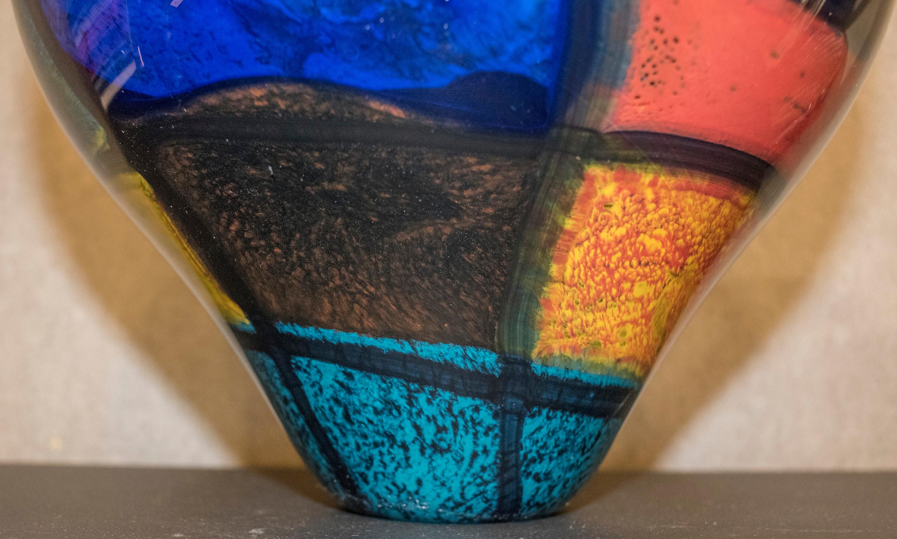 Hand-Crafted Ioan Nemtoi Hand Blown Yellow, Blue, Green and Red Glass Vase, 2006, Signed