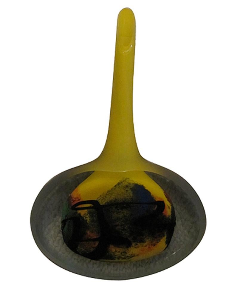 "Solid Yellow Bottle" is hand blow glass signed Ioan Nemtoi. This glass sculpture is pumpkin shaped. The neck of the sculpture is thin and very long and a greenish yellow. Whereas the base is darkly colored and red.

Art: 12.5 x 7.75 x 2.75 in

IOAN