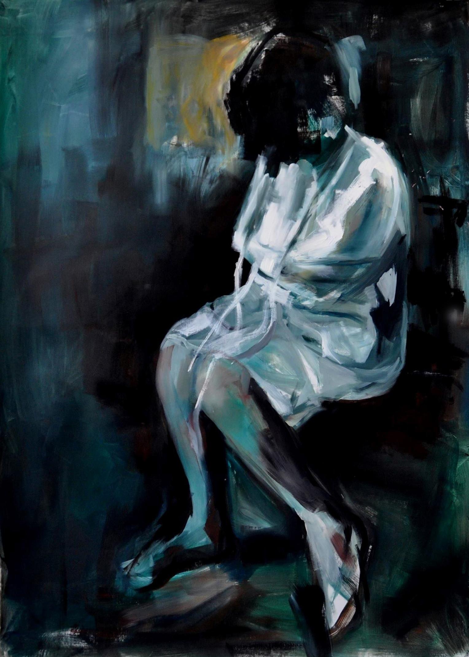 Ioana Baltan Figurative Painting - Asylum House, oil painting, figurative, expressionism, dark, green, asylum, brus