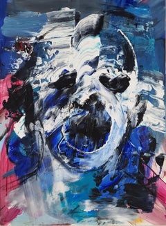 “Inner Portrait” - figurative, teal dark blue acrylic painting, Figurative