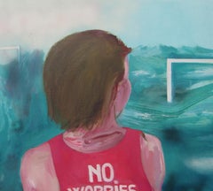 Peinture à l'huile figurative sarcelle « No worries », figurative et colorée moderne