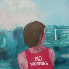 No worries - figurative, teal oil painting , Figurative Colourful Modern