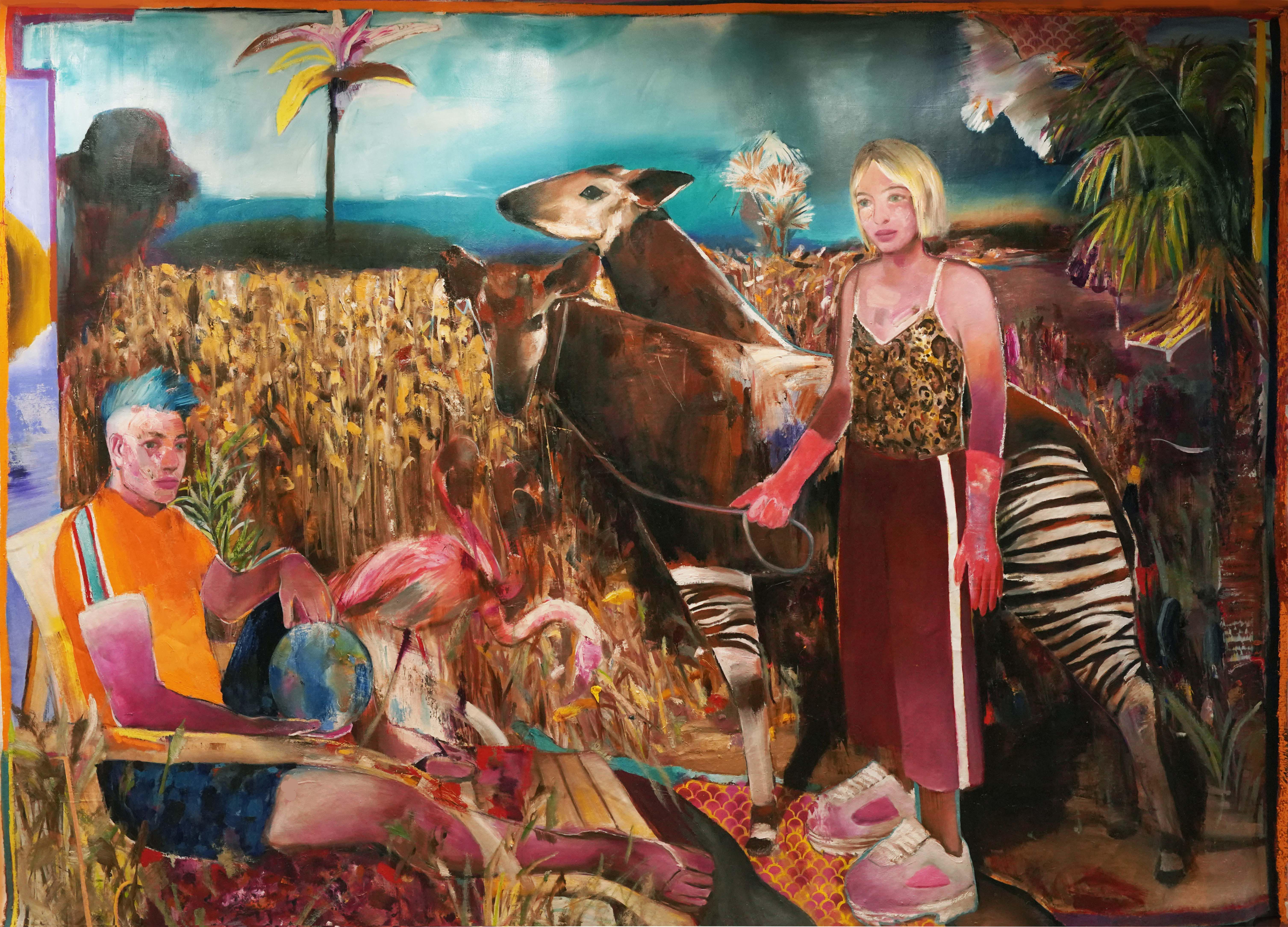 Figurative Painting Ioana Baltan - Recollecting Paradise - (Peinture contemporaine figurative, imprimé animalier, okapi)