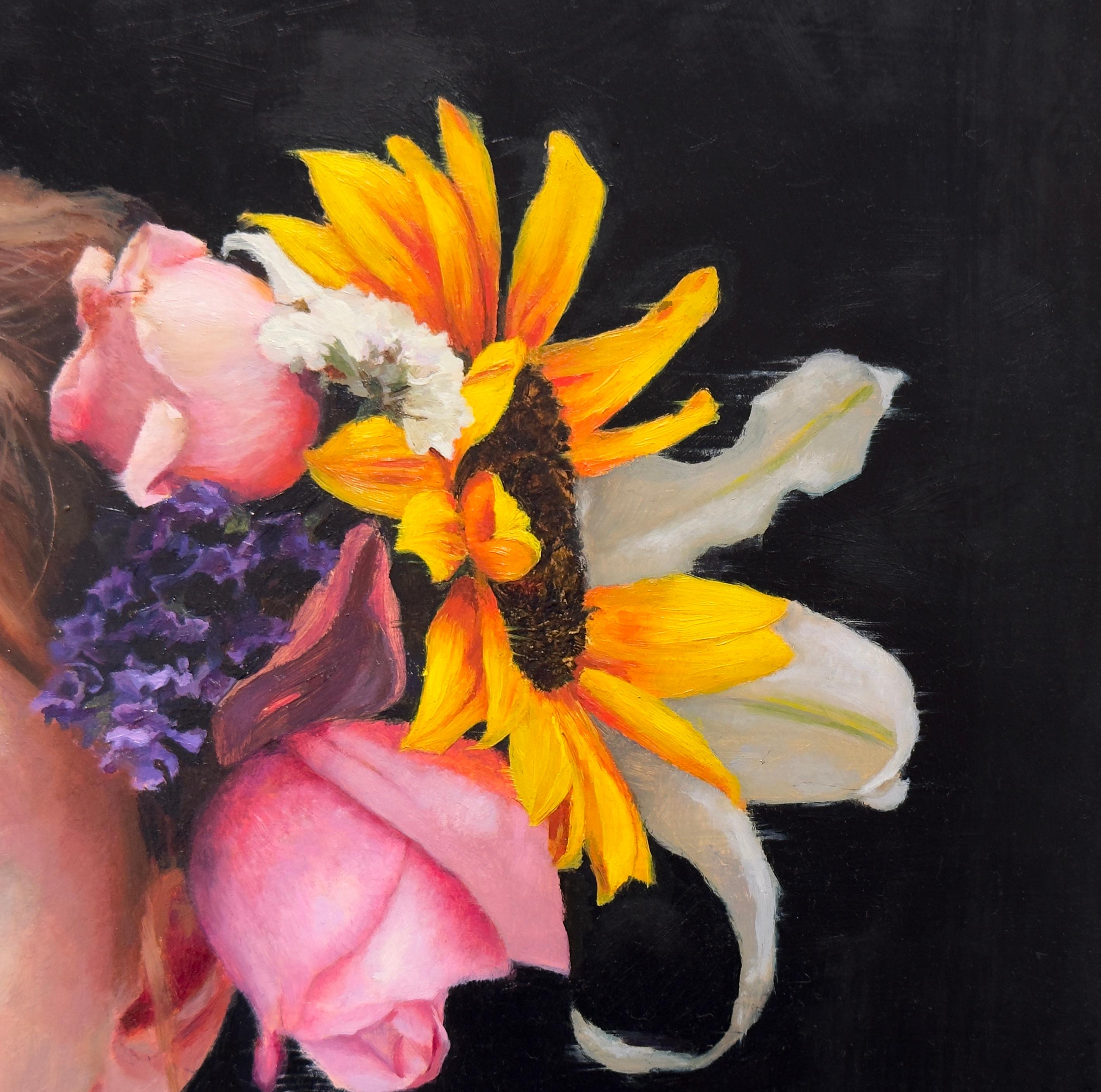 ALEXANDRA - Child Portrait / Flowers / Figurative Realism - Brown Figurative Painting by Ioanna Stefou