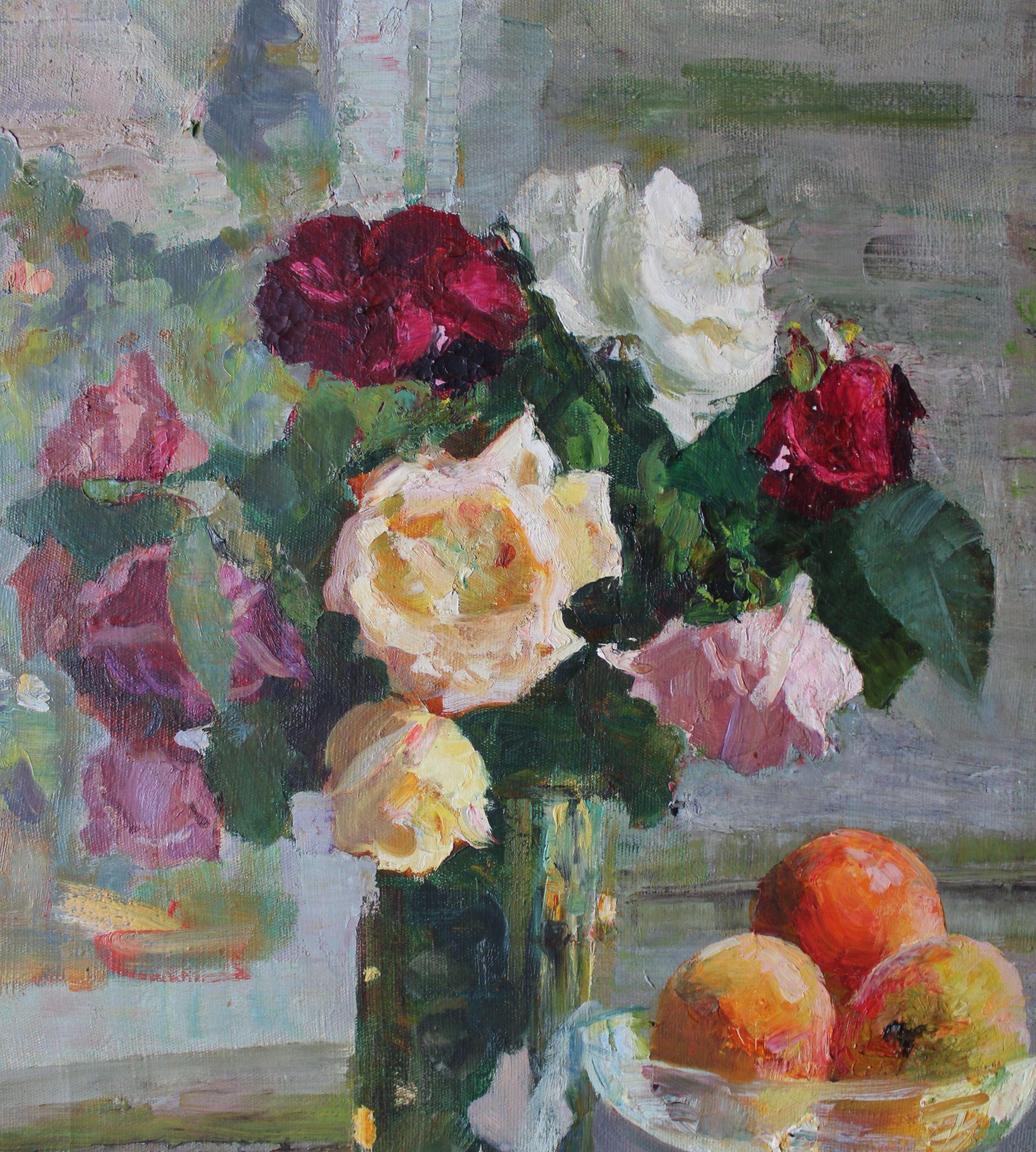 Still Life with flowers. Oil on canvas. 74x54 cm. - Gray Still-Life Painting by Ioganson Boris