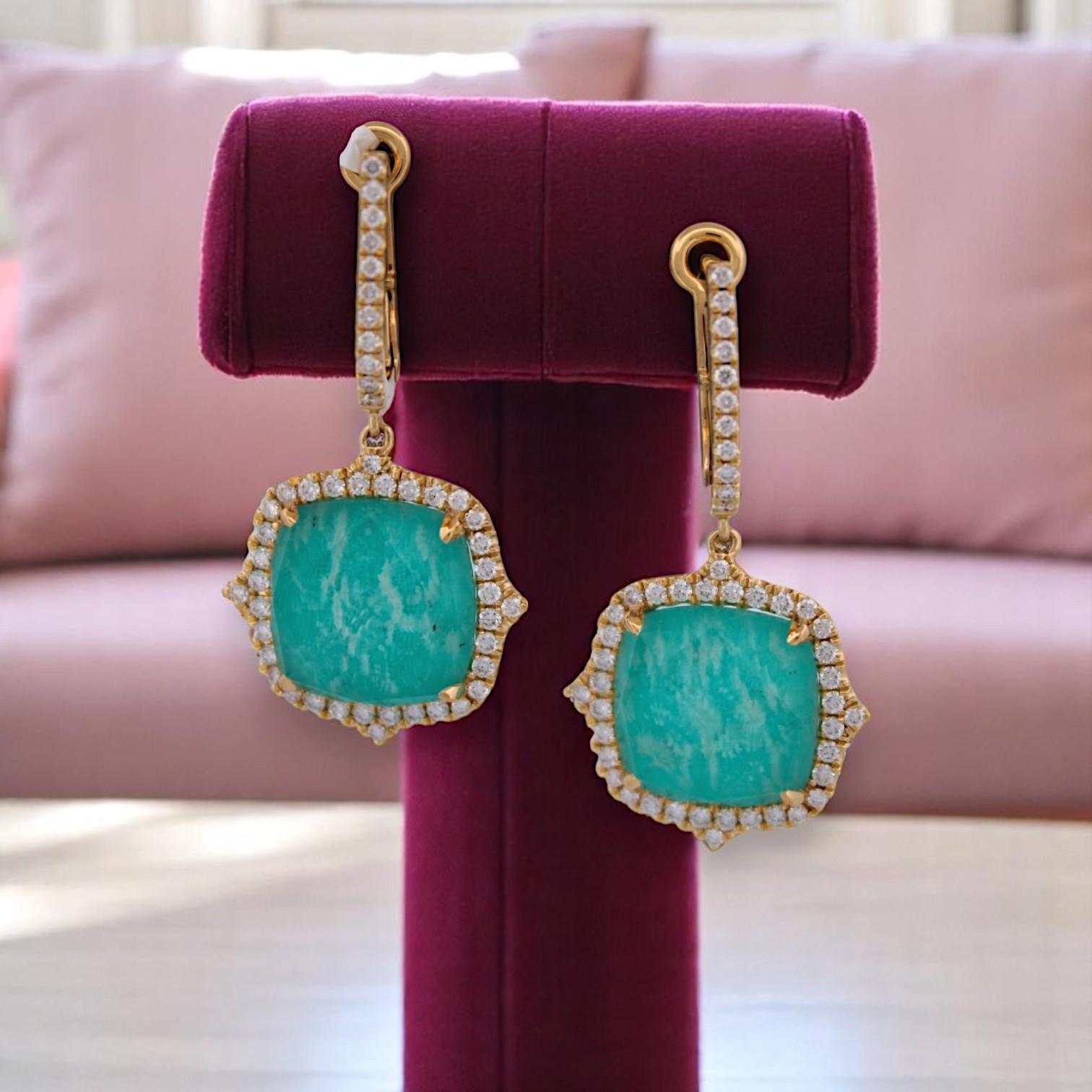 Cushion Cut Iolanthe  18k Yellow Gold U-Hinge Earrings – 9.61 ct Amazonite For Sale