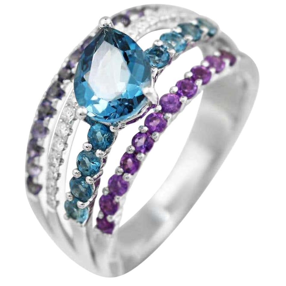 Ring aus 14 Karat Gold mit Iolith, Amethyst, Diamant und Topas im Angebot