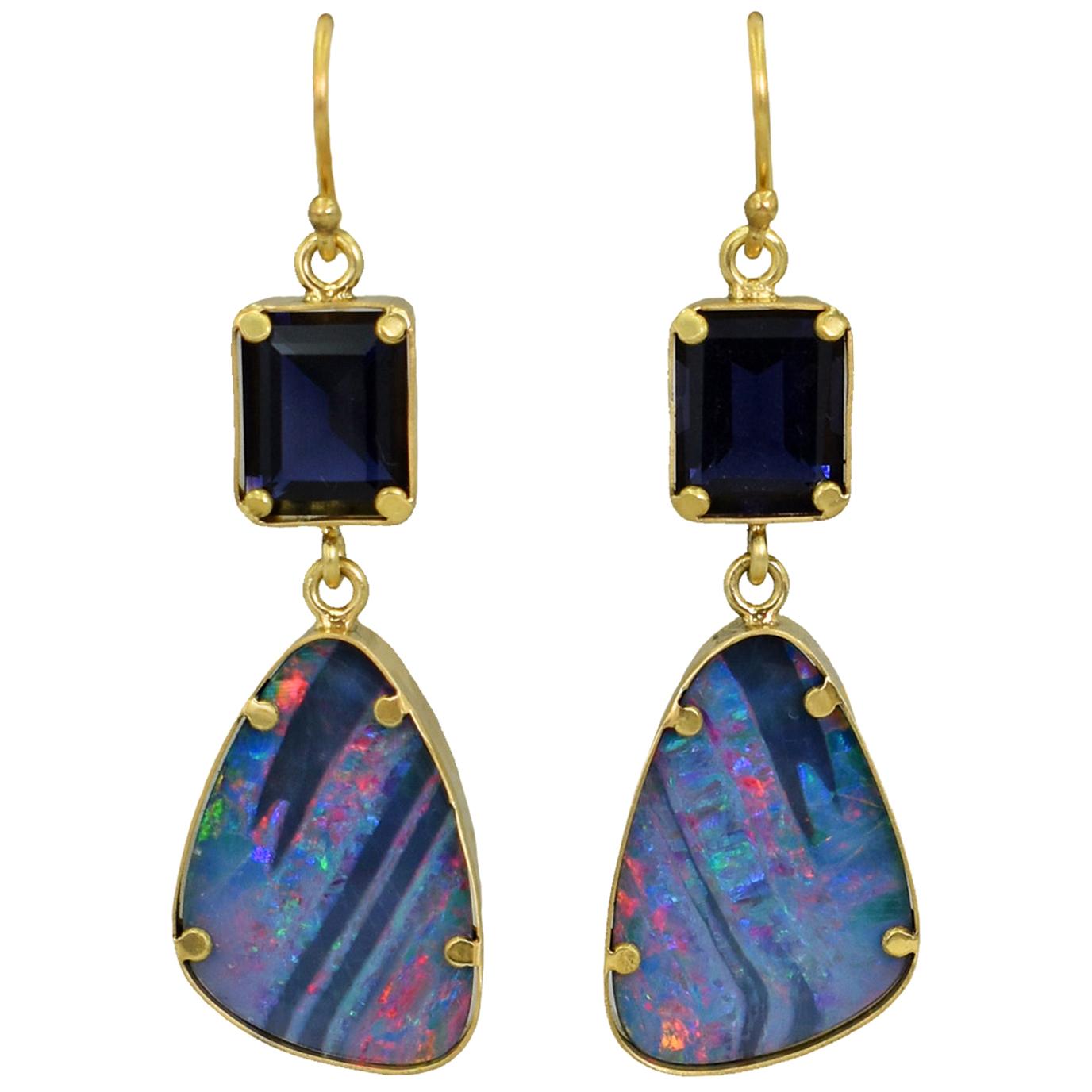 Iolite and Australian Boulder Opal 22 Karat Gold Dangle Earrings