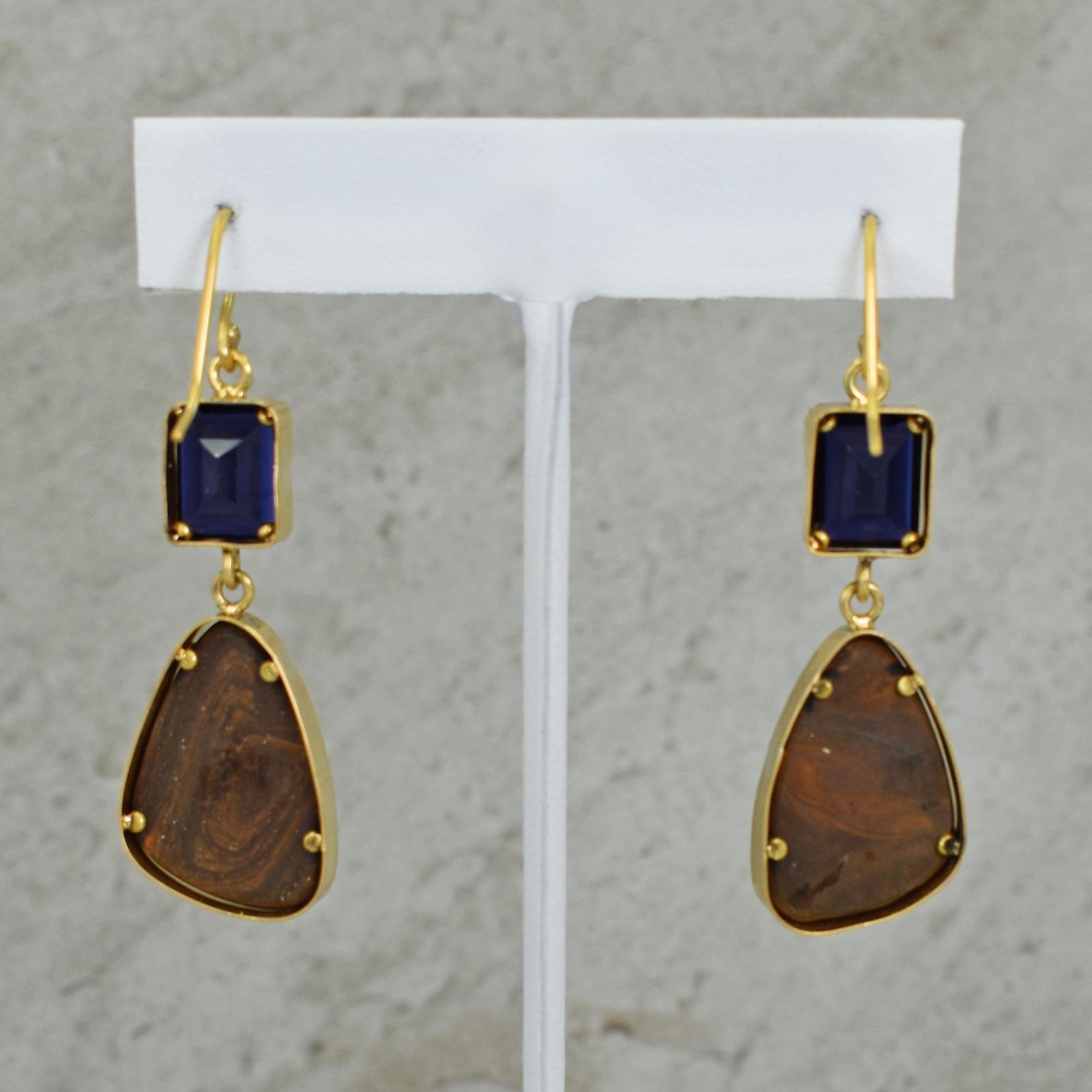 Emerald Cut Iolite and Australian Boulder Opal 22 Karat Gold Dangle Earrings
