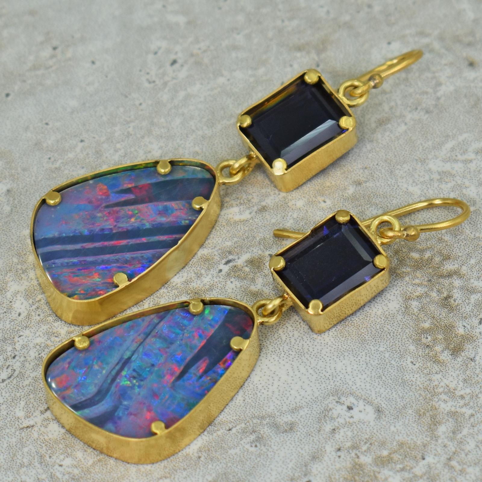 Iolite and Australian Boulder Opal 22 Karat Gold Dangle Earrings In New Condition In Naples, FL