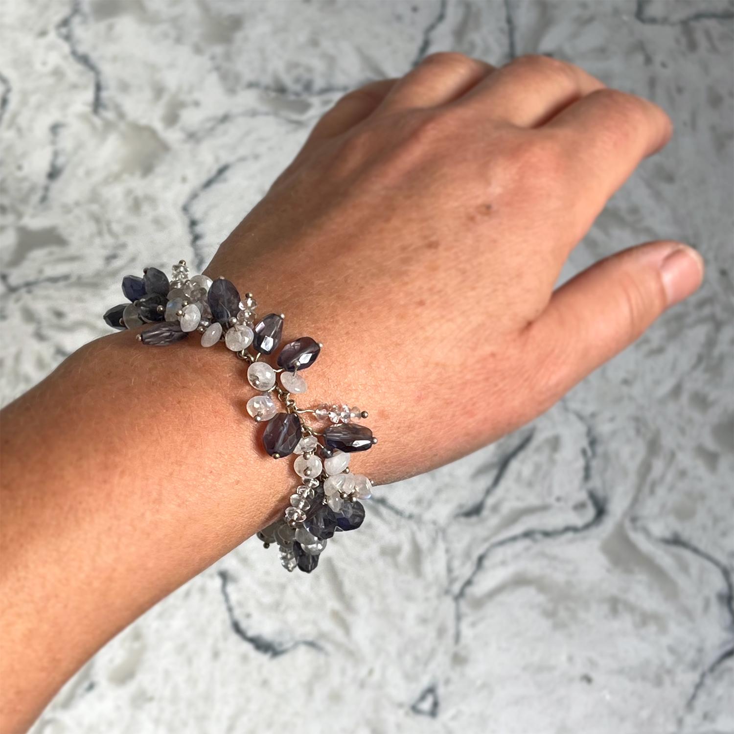 Romantic Iolite and Blue Flash Moonstone Sterling Silver Beaded Bracelet For Sale