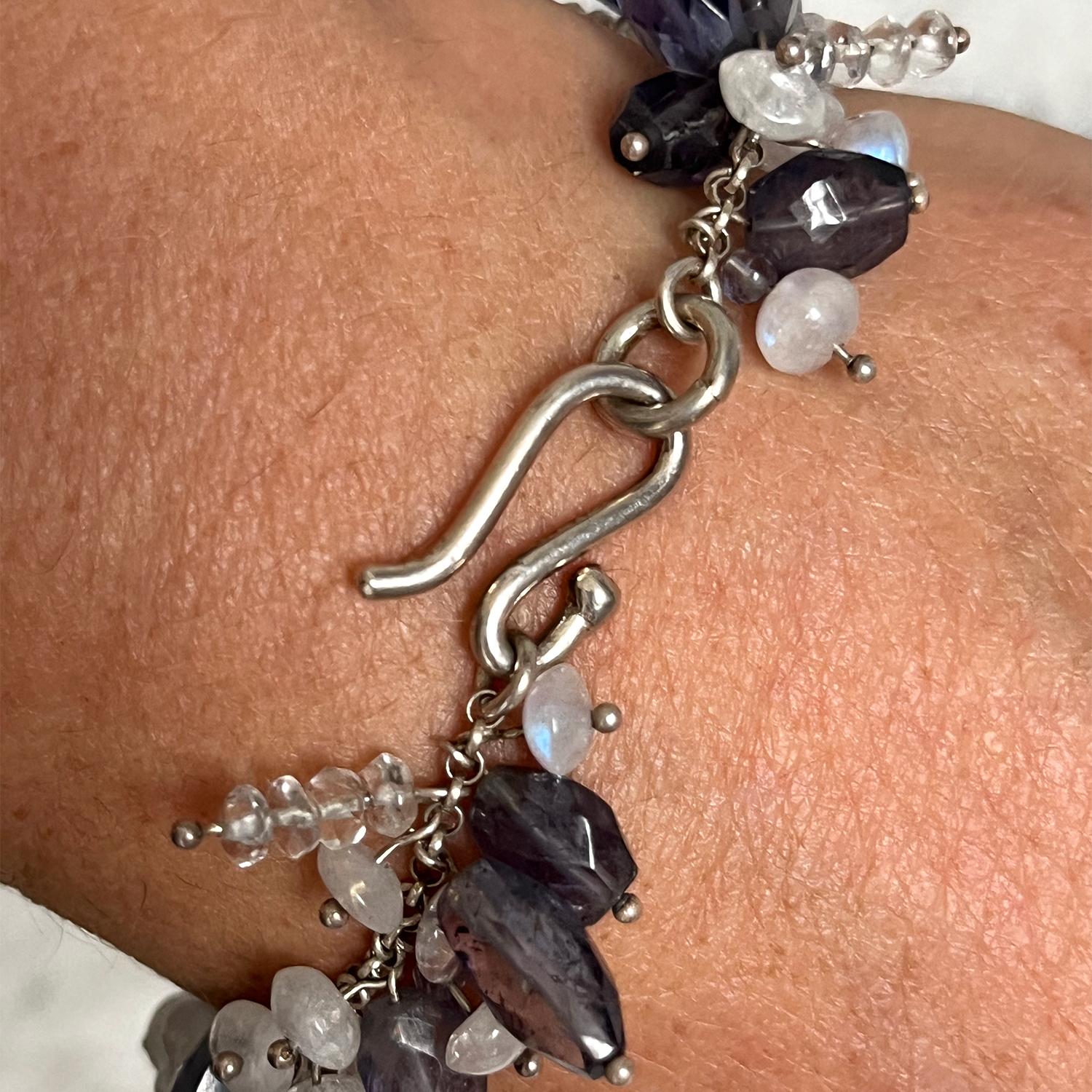 Women's Iolite and Blue Flash Moonstone Sterling Silver Beaded Bracelet For Sale
