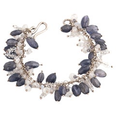 Bracelet perlé en argent sterling, iolite et pierre de lune bleue flash