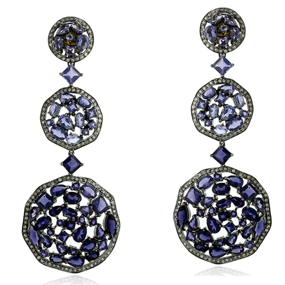 Oval Cut Iolite and Diamond Dangle Earring For Sale