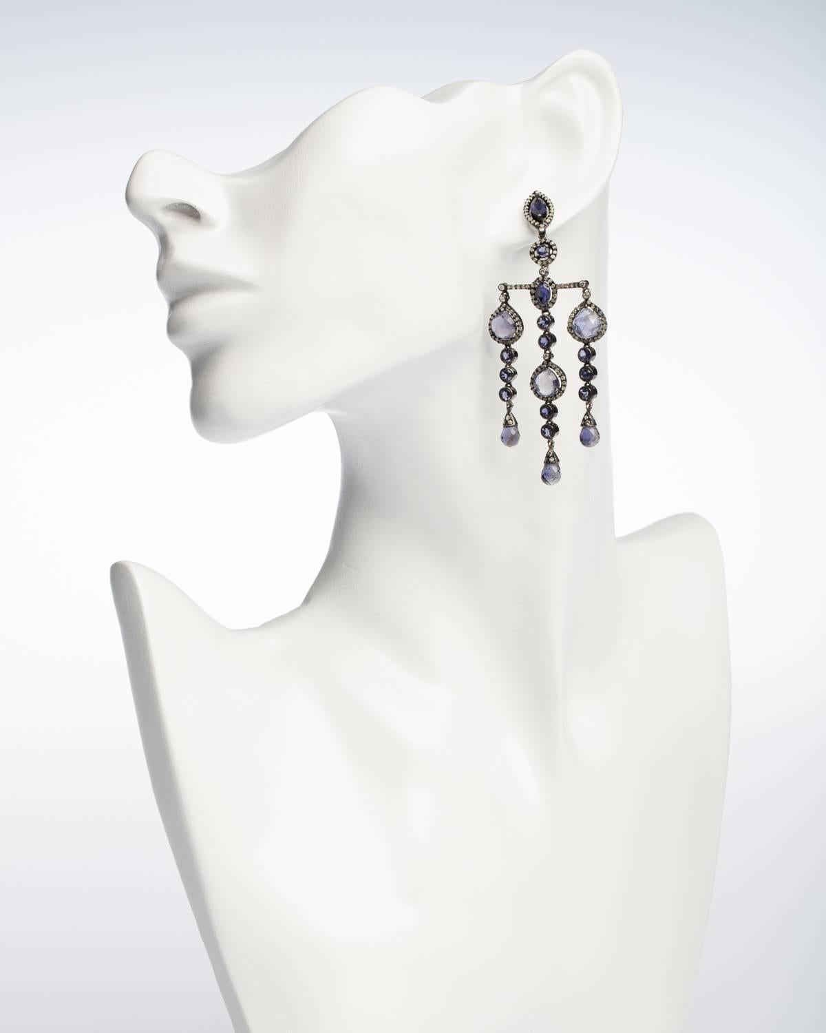 Art Deco Iolite and Diamond Dangle Earrings