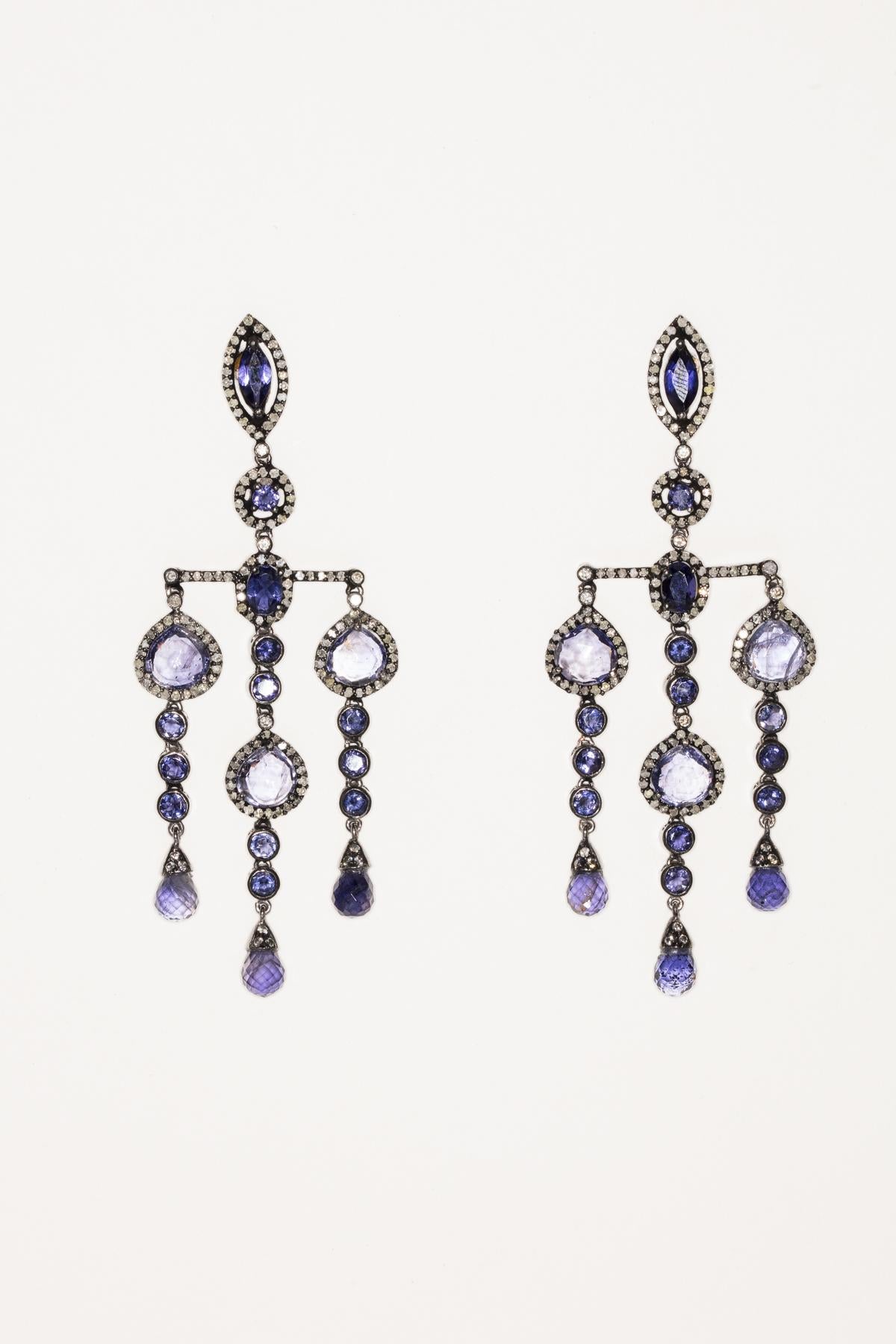 Iolite and Diamond Dangle Earrings In Excellent Condition In Nantucket, MA
