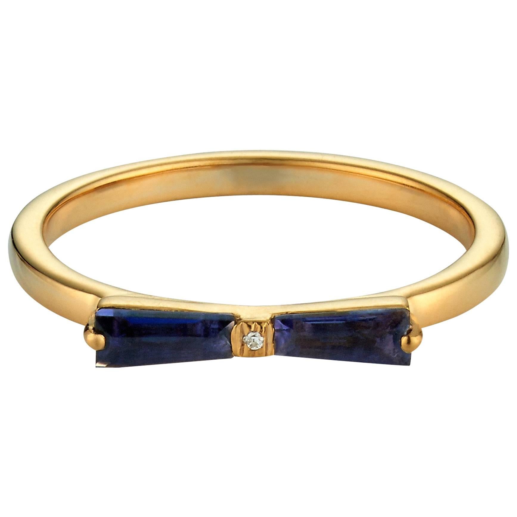 Iolite and Diamond Tapered Baguette Bow Ring 18 Karat Yellow Gold For Sale
