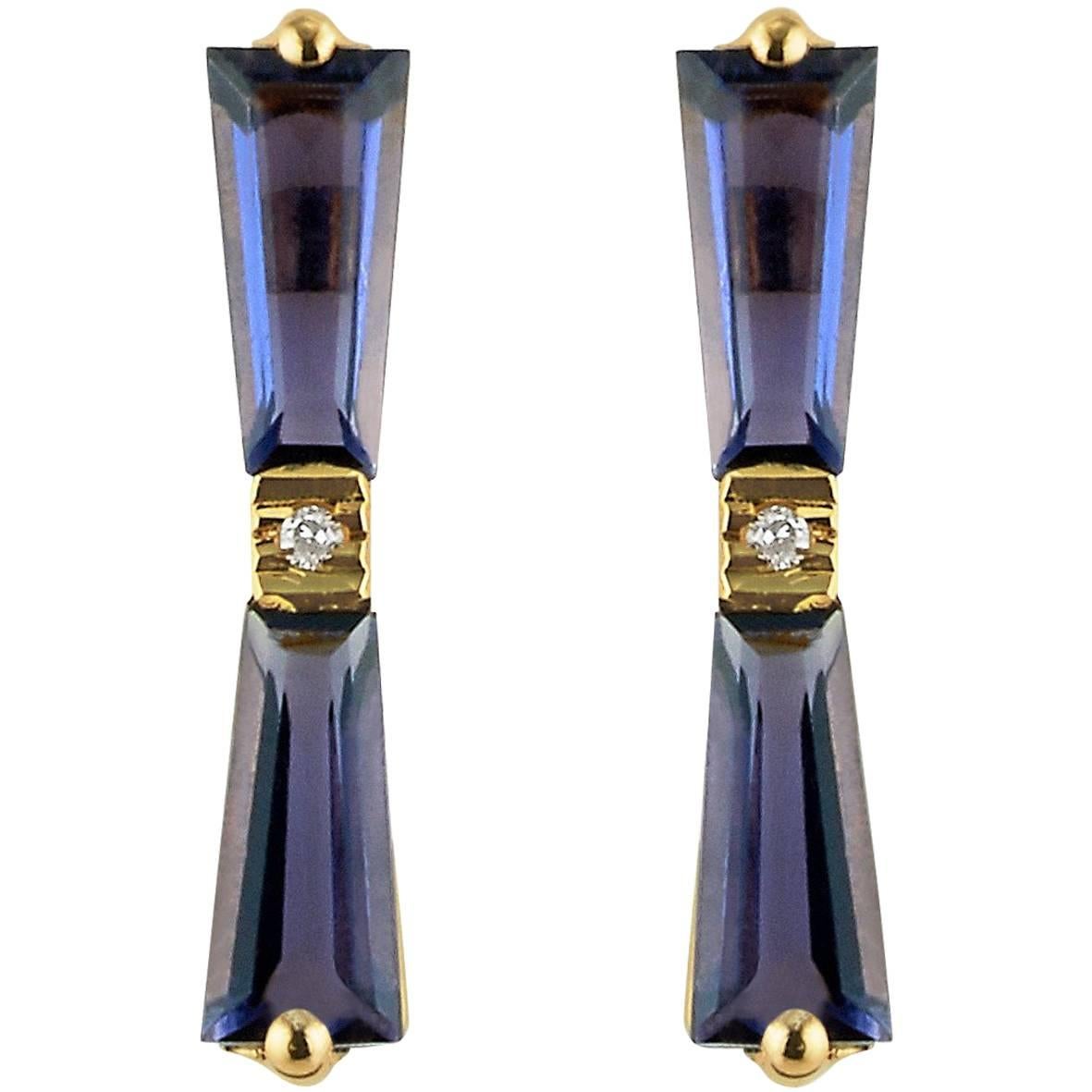 Iolite and Diamond Tapered Baguette Bow Stud Earrings 18 Karat Gold For Sale