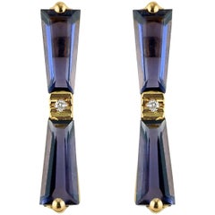 Iolite and Diamond Tapered Baguette Bow Stud Earrings 18 Karat Gold