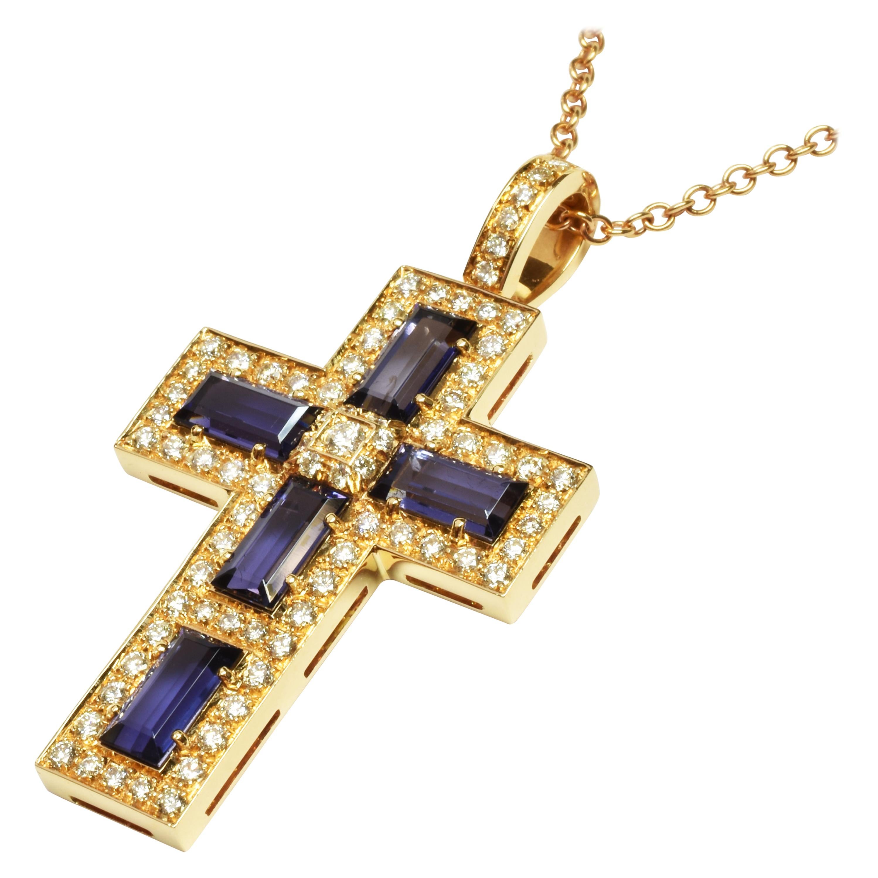 Iolite Baguettes and Diamonds Gold Cross Made in Italy For Sale