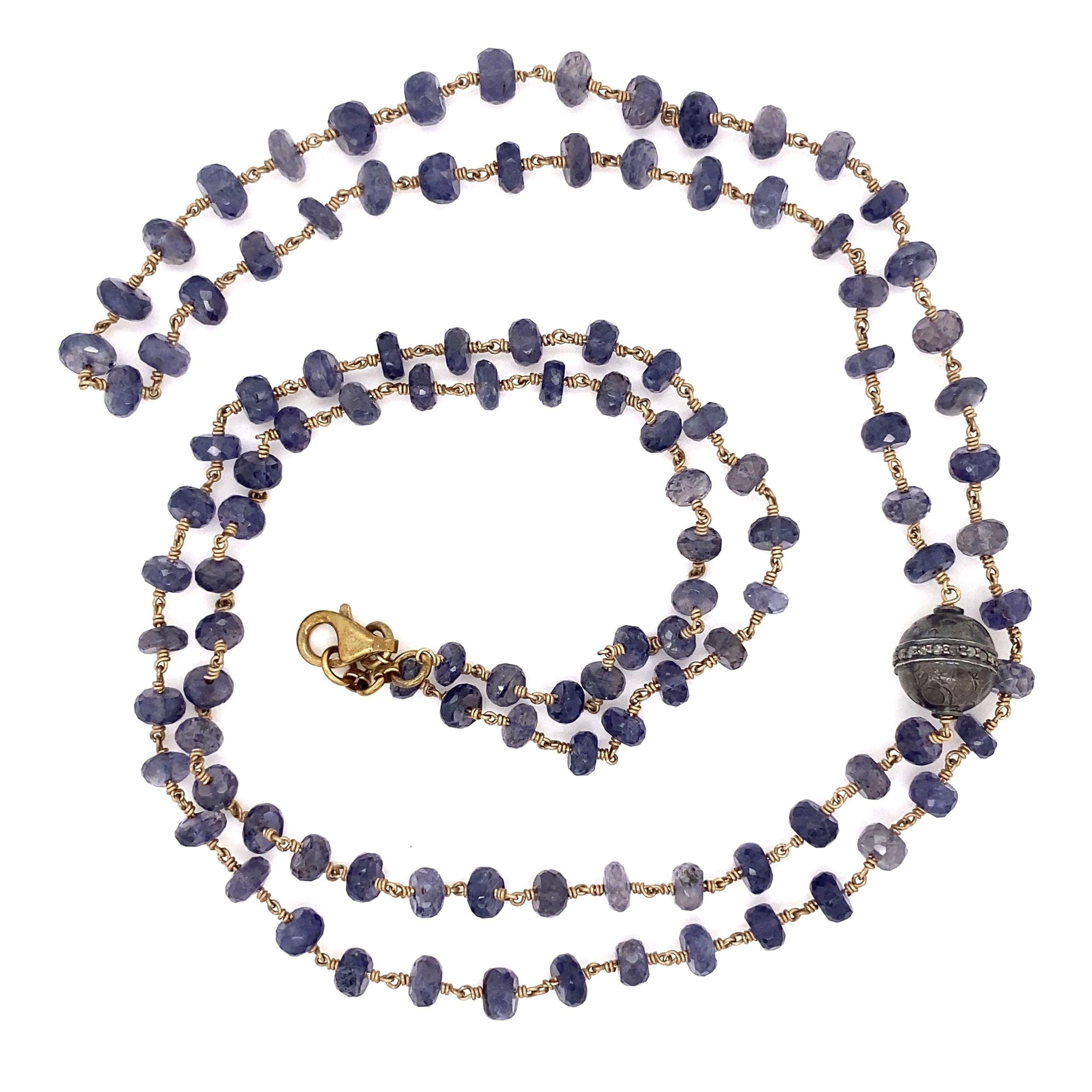 Taille mixte Chaîne collier en argent sterling avec perles d'iolite et diamants   en vente