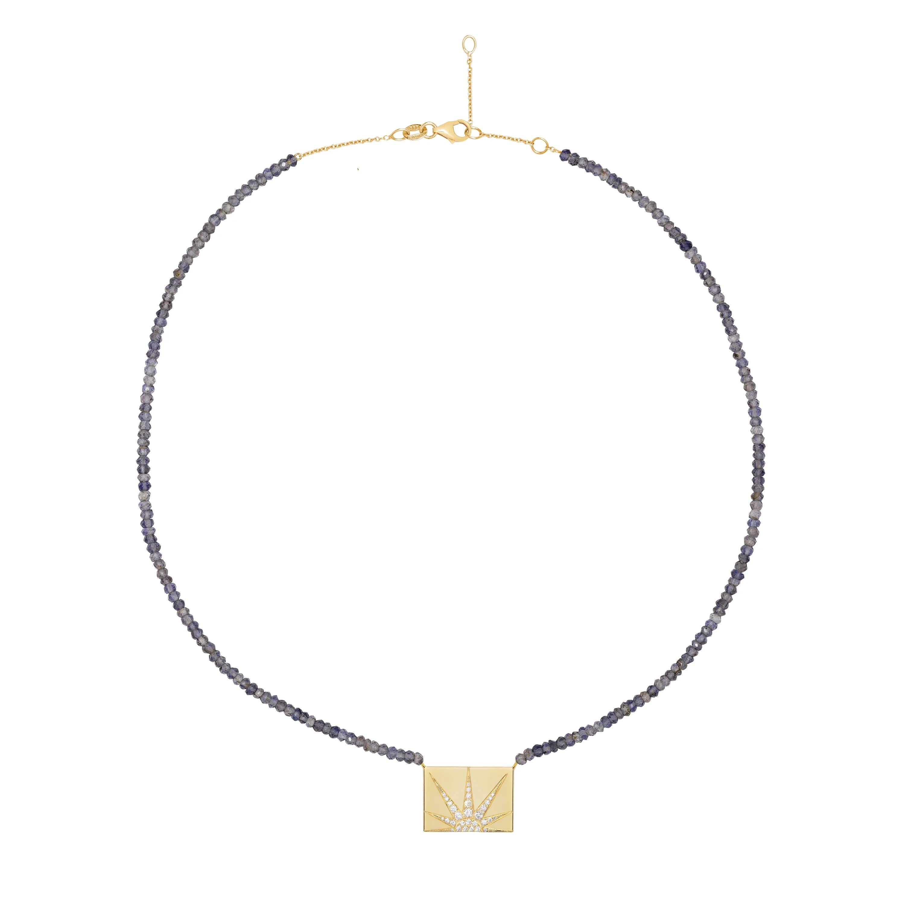 Iolite Beaded Necklace with Rectangle Diamond Sun  In New Condition For Sale In London, GB