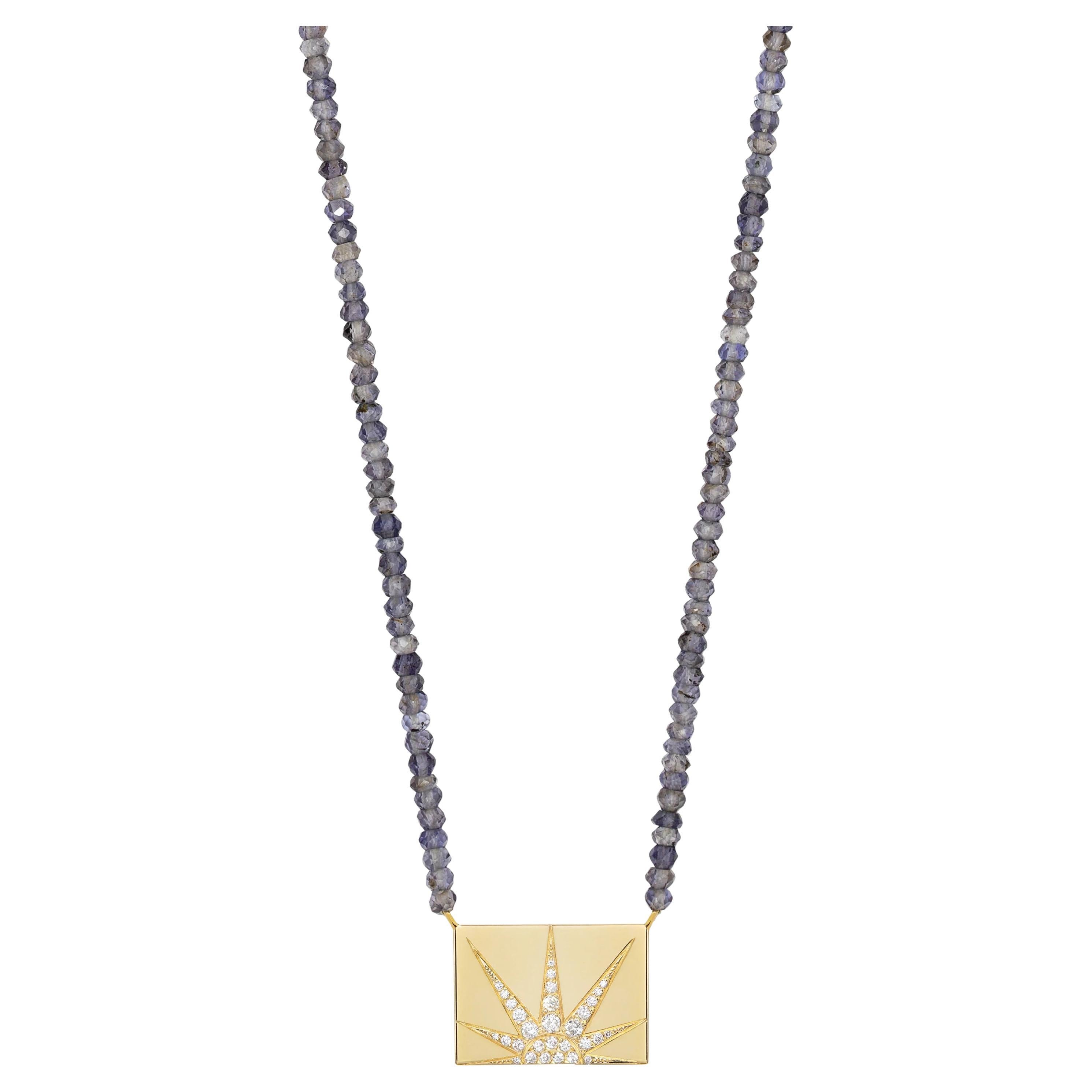 Iolite Beaded Necklace with Rectangle Diamond Sun  For Sale