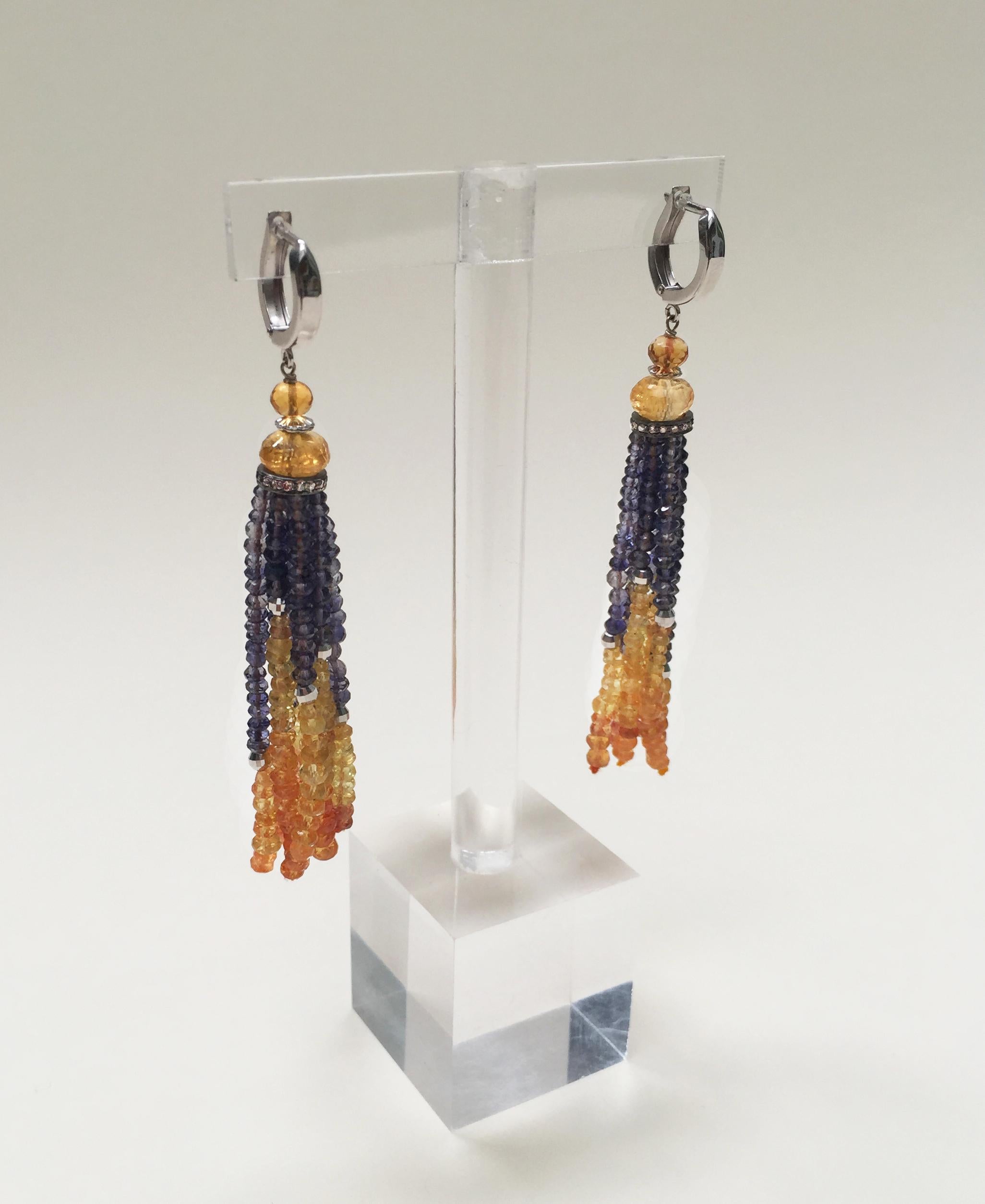 Bead Marina J Iolite, Citrine & Yellow Sapphire Tassel Earrings with 14 K White Gold