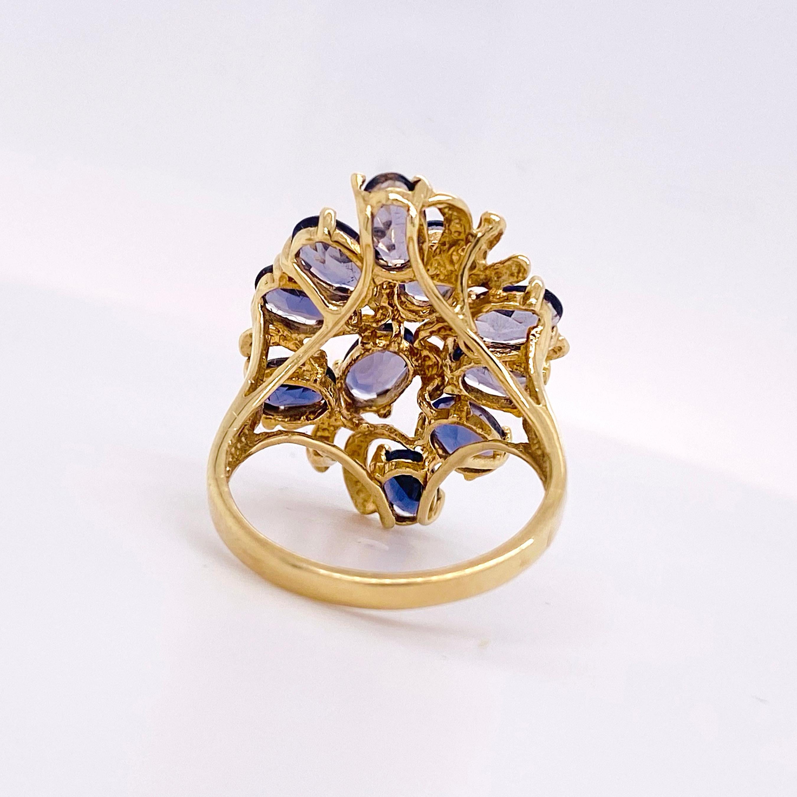 Iolith-Cluster-Ring, Estate Cocktail, Gelbgold, Echter Edelstein-Cluster-Ring (Ovalschliff)