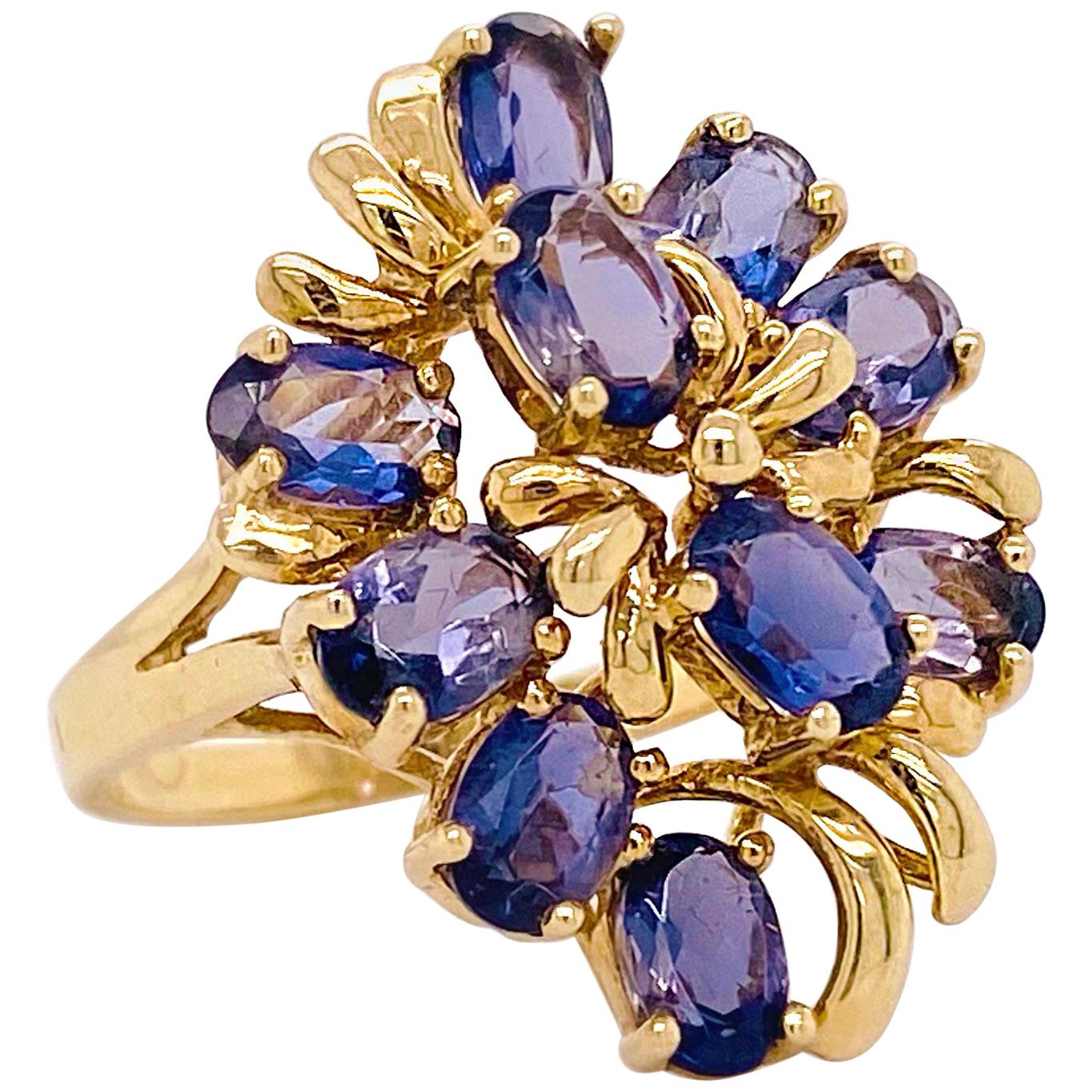 Iolite Cluster Ring, Estate Cocktail, Yellow Gold, Genuine Gemstone Cluster Ring
