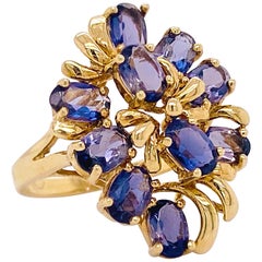 Bague grappe en or jaune avec iolite, bague cocktail de succession, bague grappe de pierres précieuses authentiques
