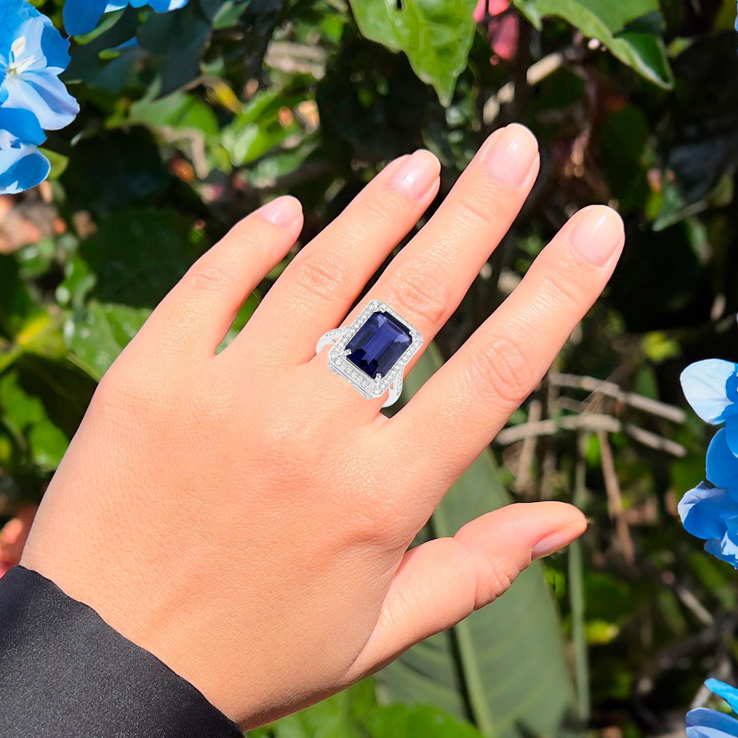 Emerald Cut Iolite Cocktail Ring Diamond Halo 6.45 Carats 14K White Gold For Sale