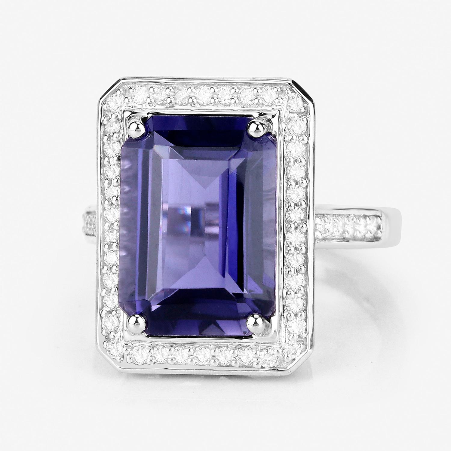 Iolite Cocktail Ring Diamond Halo 6.45 Carats 14K White Gold In Excellent Condition For Sale In Laguna Niguel, CA