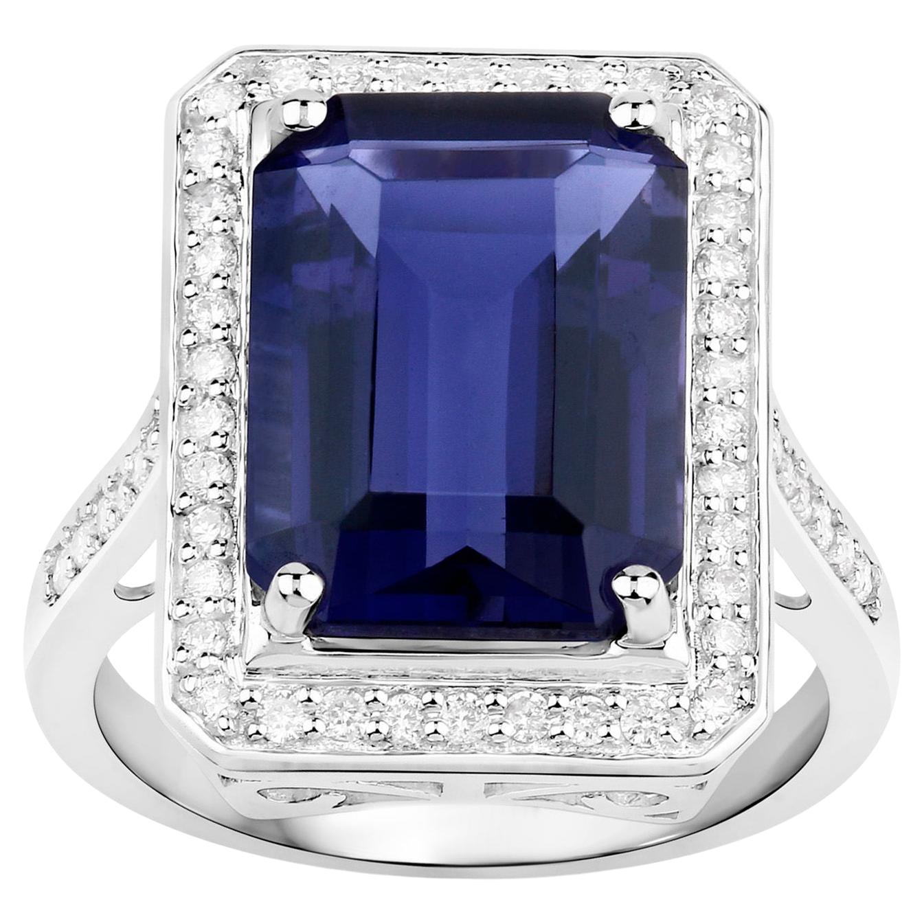 Iolite Cocktail Ring Diamond Halo 6.45 Carats 14K White Gold For Sale