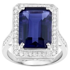 Iolite Cocktail Ring Diamond Halo 6.45 Carats 14K White Gold