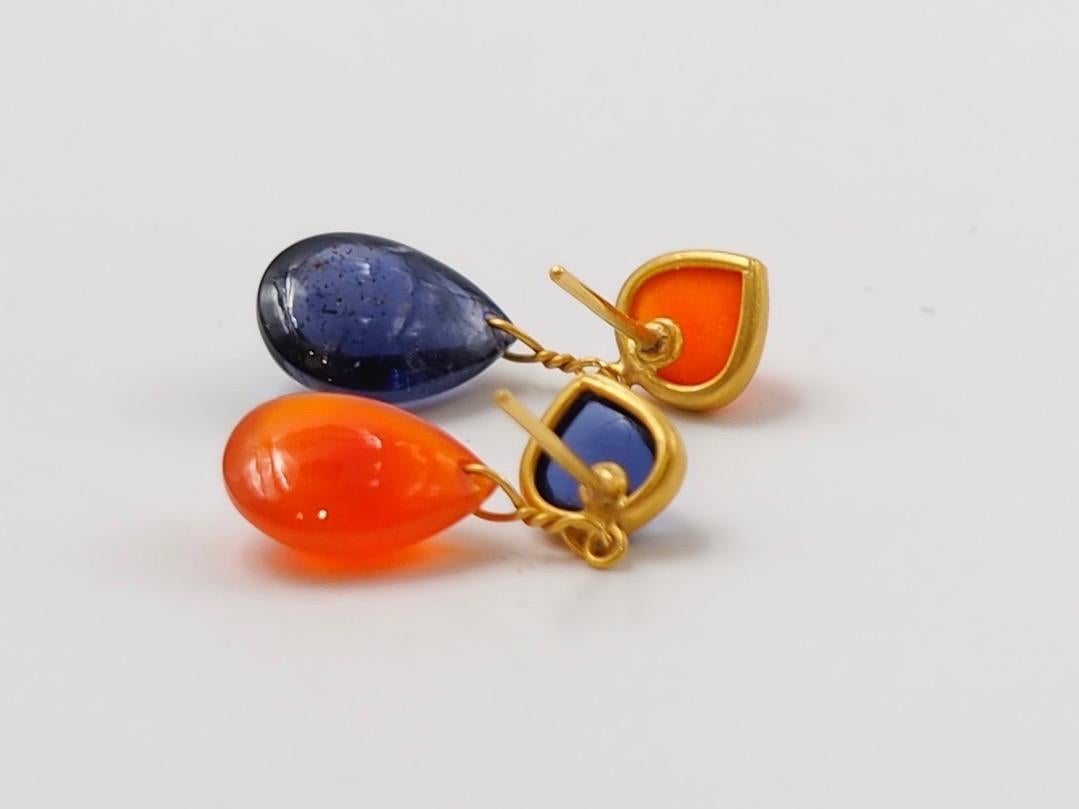 Cabochon Iolite Cornaline Orange Chalcedony 22 Karat Gold Push Earrings For Sale