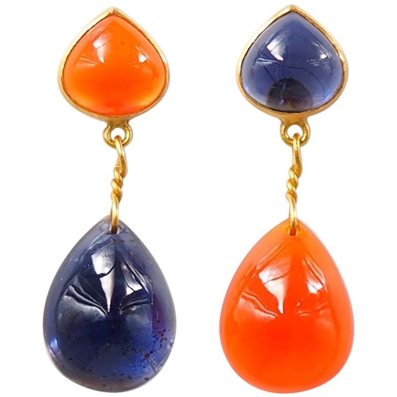 Iolite Cornaline Orange Chalcedony 22 Karat Gold Push Earrings For Sale