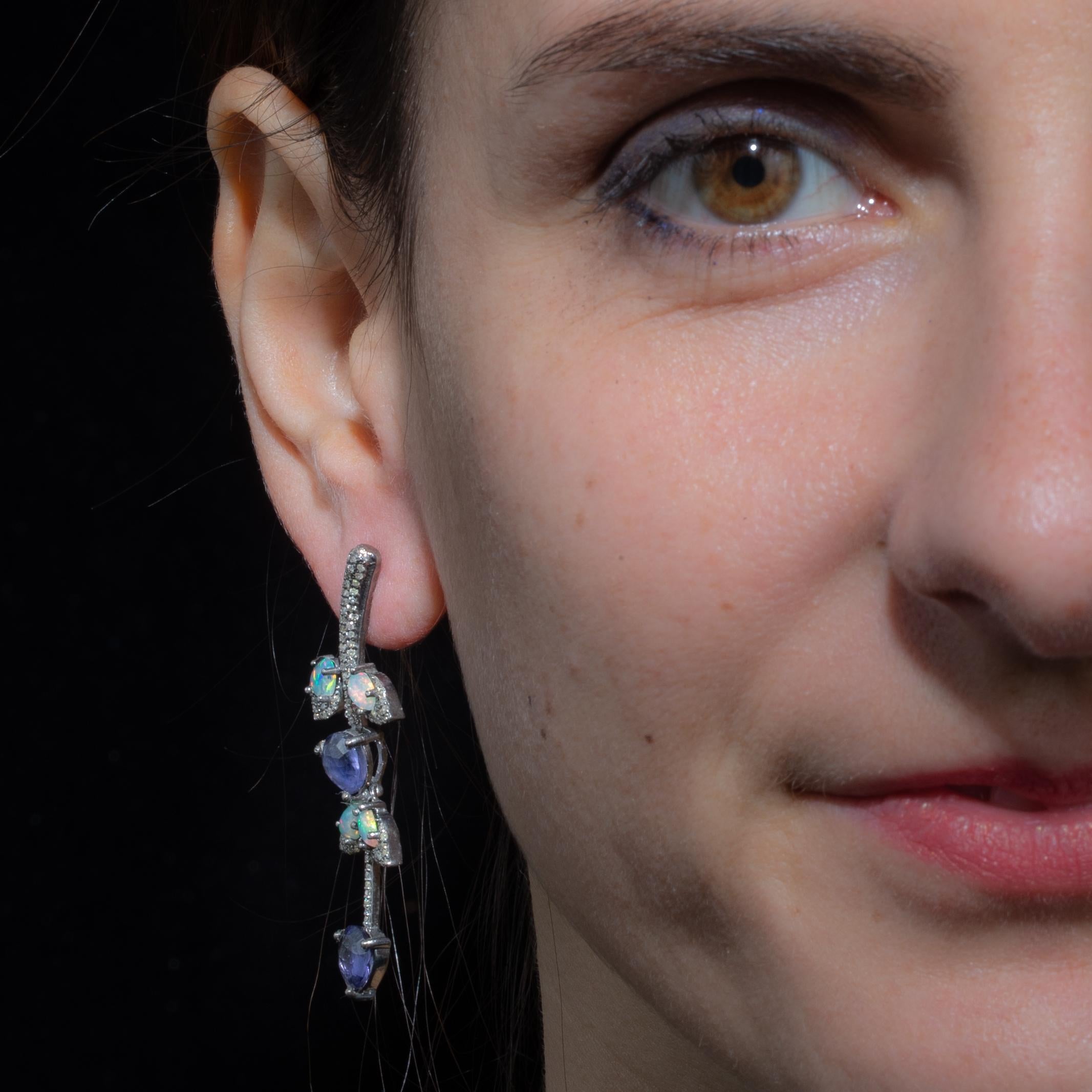 Round Cut Iolite, Diamond and Opal Dangle Earrings For Sale