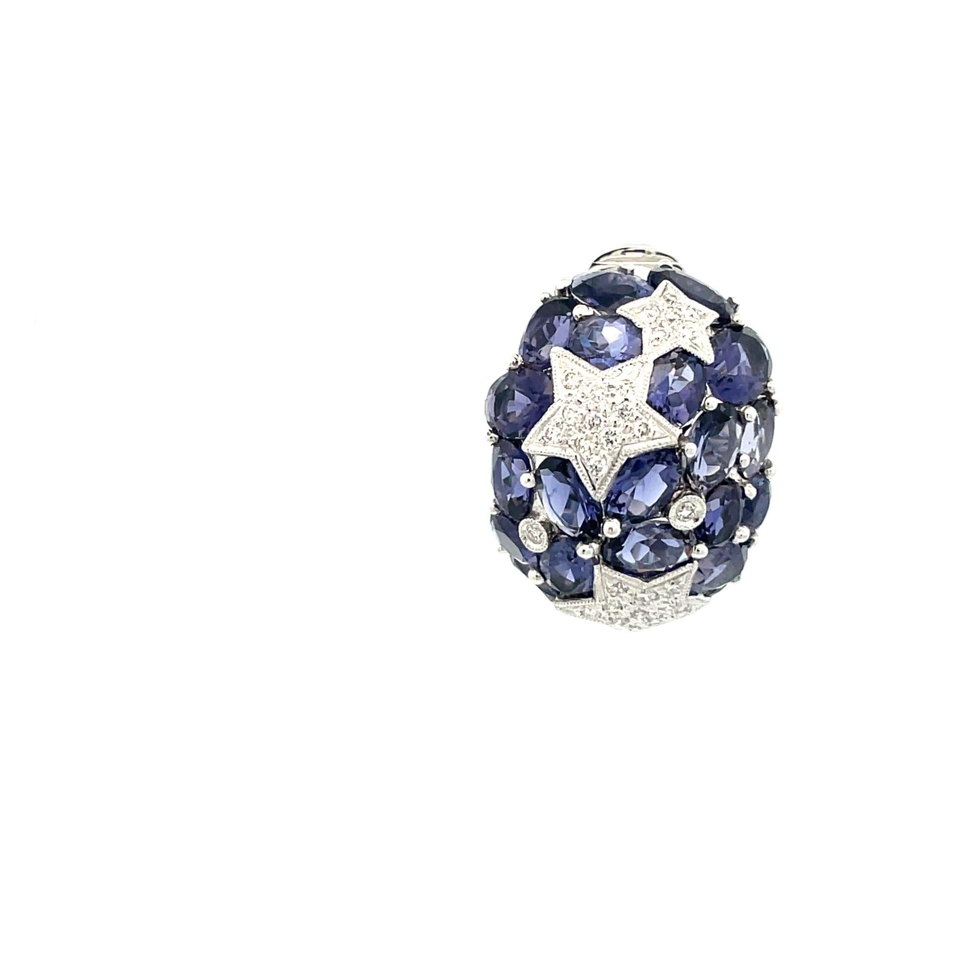 Round Cut Iolite & Diamond Star Cluster Earrings in 18 Karat White Gold   For Sale