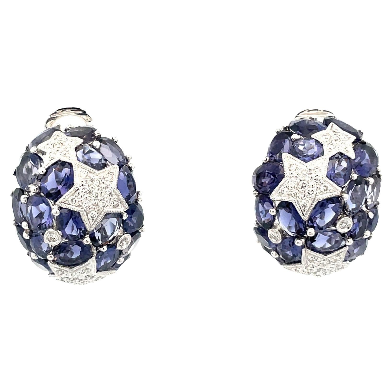 Iolite & Diamond Star Cluster Earrings in 18 Karat White Gold   For Sale