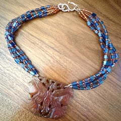 Iolite & Garnet Choker Necklace with Chinese Red Nephrite Jade Honeybee Amulet