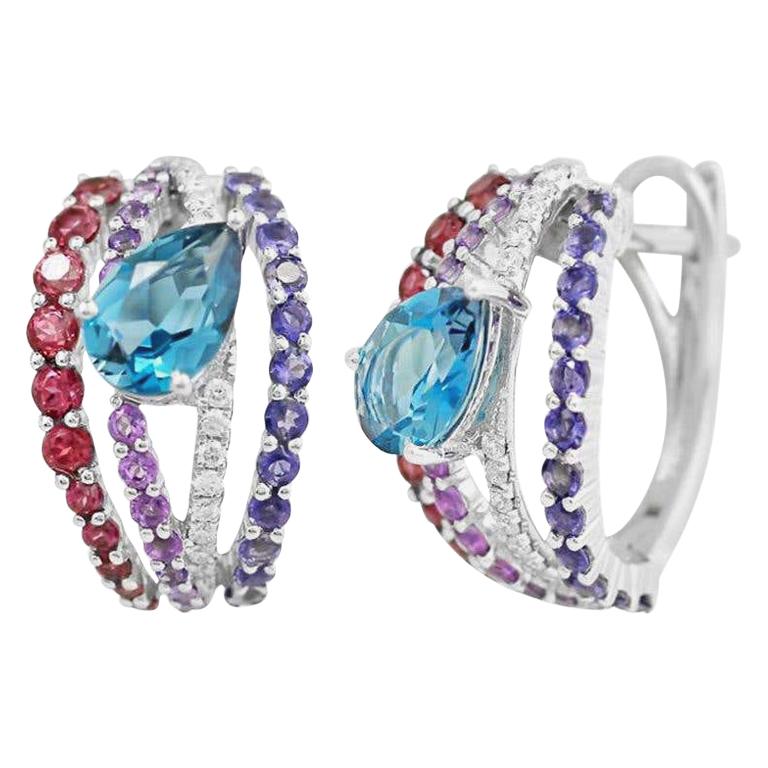 Boucles d'oreilles en or blanc 14 carats avec grenats, iolites, diamants et topaze rhodolite