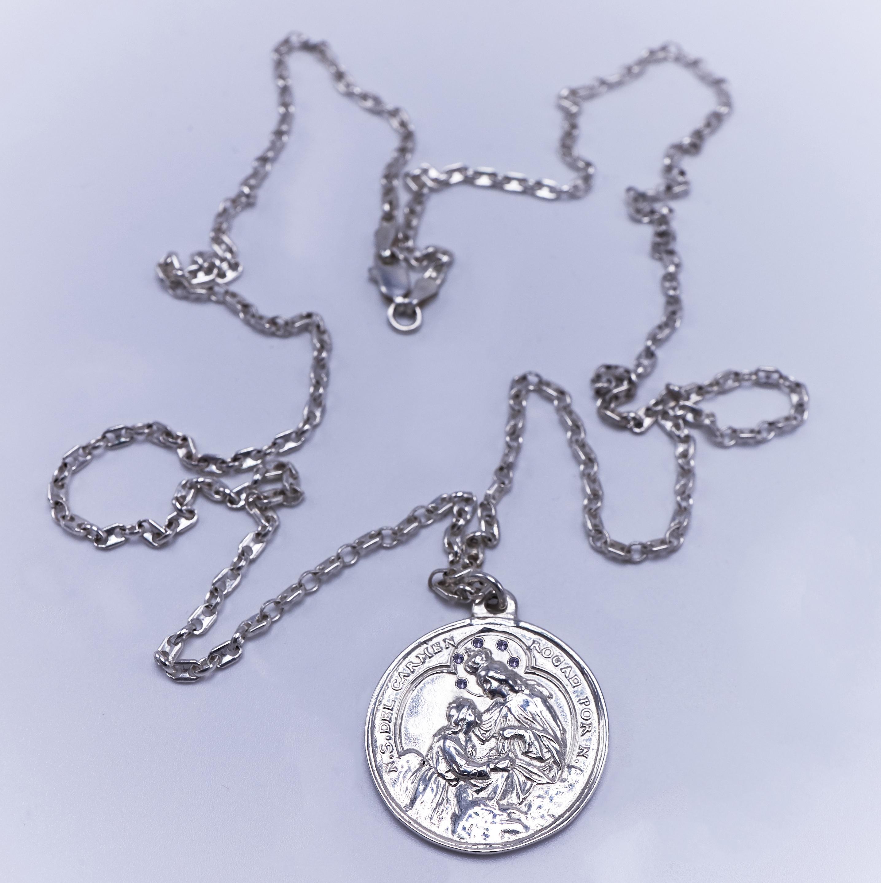 Brilliant Cut Iolite Lady of Mont Carmel Medal Chain Necklace Silver For Sale