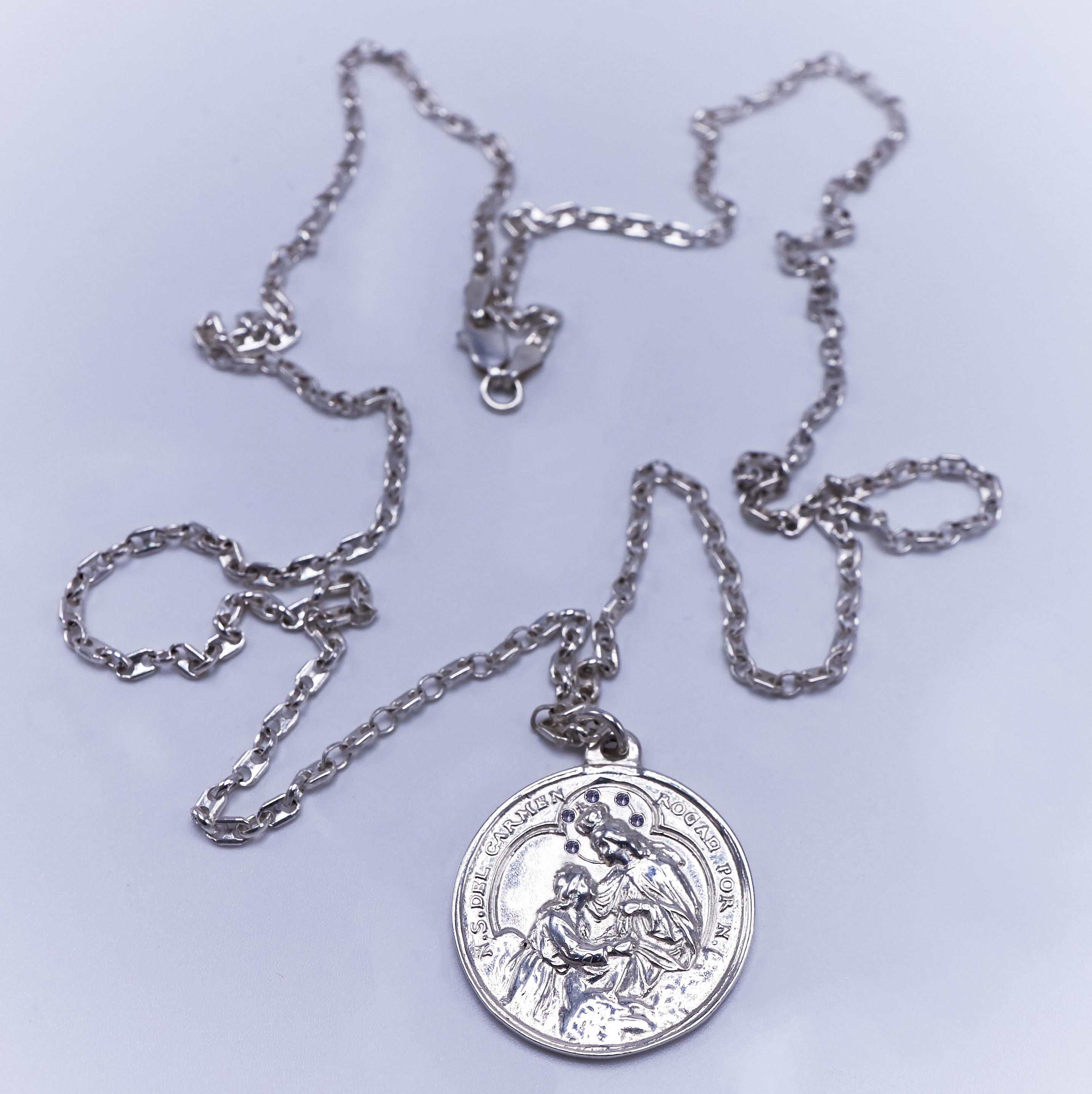 Iolith Lady of Mont Carmel Medaillon Kette Halskette Silber (Brillantschliff) im Angebot