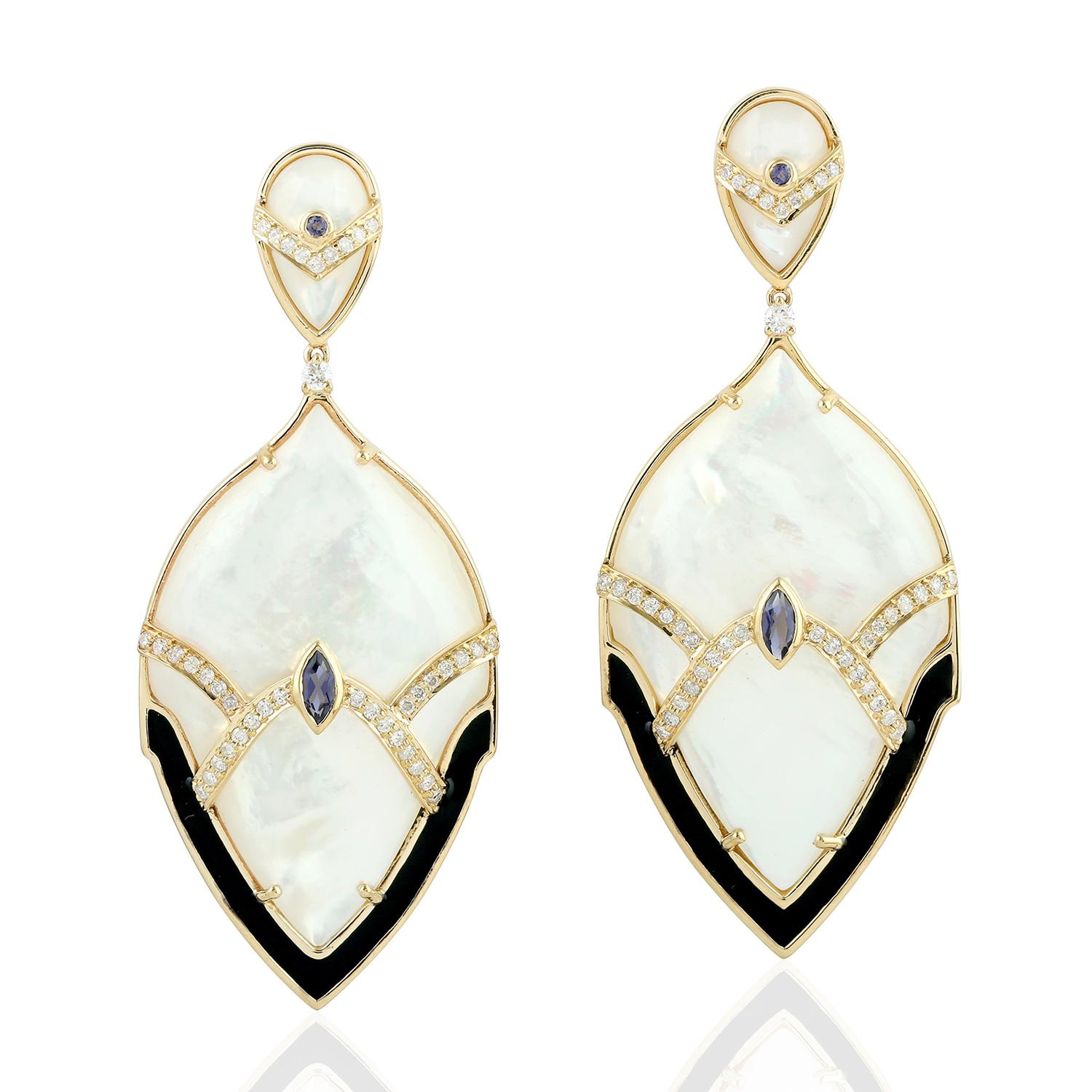 Single Cut Iolite Pearl Diamond 18 Karat Gold Earrings For Sale